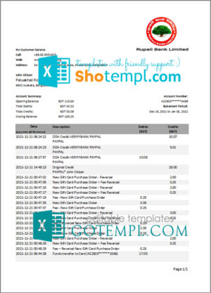 Bangladesh Rupalii bank statement template in Excel and PDF format
