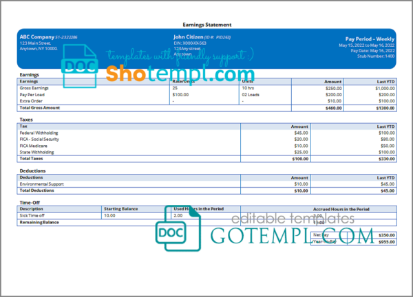 # value call pay stub template in Word and PDF format