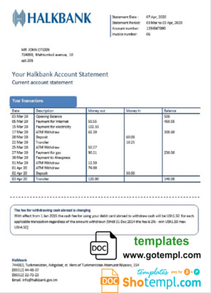 Turkmenistan HalkBank bank statement template, Word and PDF format (.doc and .pdf)