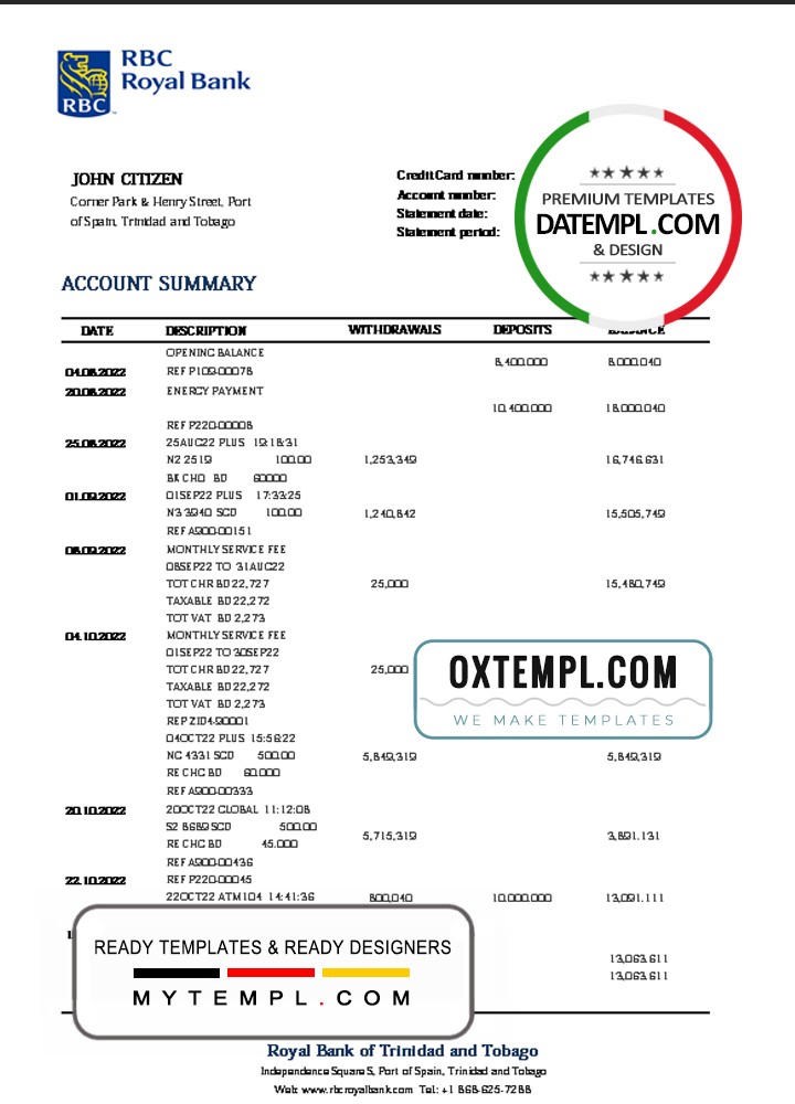 Trinidad and Tobago Royal Citizens Bank statement template in Word and PDF format Trinidad and Tobago Royal Citizens Bank statement template in Word and PDF format