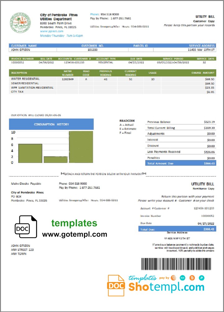 USA Florida City of Pembroke Pines Utilities Department utility bill template in Word and PDF format USA Florida City of Pembroke Pines Utilities Department utility bill template in Word and PDF format
