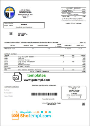USA Oklahoma City of Tulsa utility bill template in Word and PDF format
