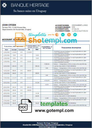 Uruguay Banque Heritage bank statement template in Word and PDF format