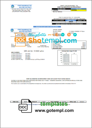 USA New York Port Washington Water District utility bill template in Word and PDF format