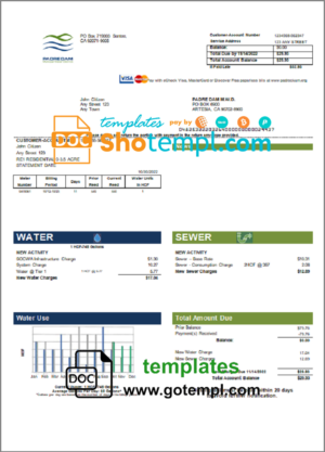 USA California Padredam utility bill template in Word and PDF format