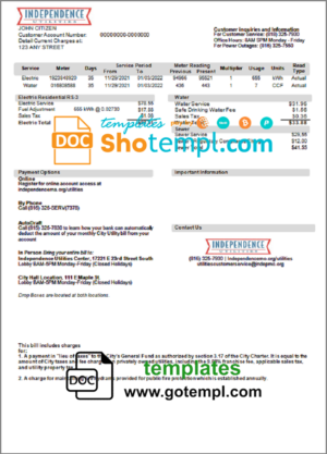 USA Missouri Independence Utilities utility bill template in Word and PDF format, version 2