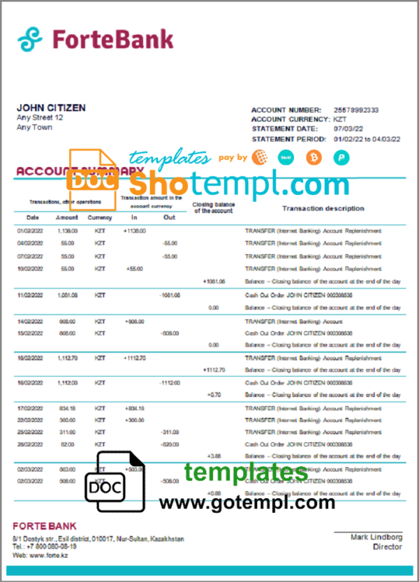 Kazakhstan Forte bank statement template in Word and PDF format