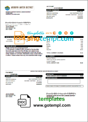 USA North Carolina Woodfin Sanitary Water & Sewer District utility bill template in Word and PDF format