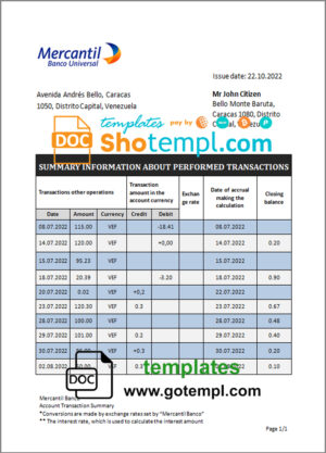 Venezuela Mercantil bank statement template in Word and PDF format