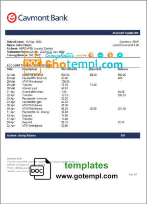 USA Bluevine bank statement Word and PDF template, version 2