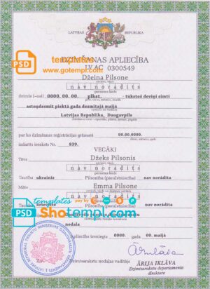 Latvia birth certificate template in PSD format