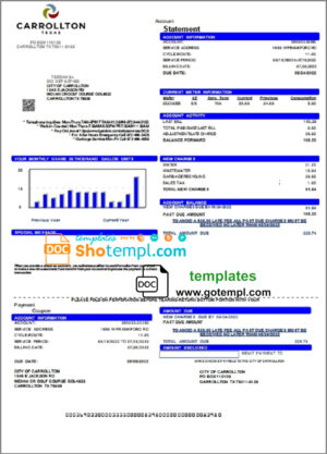 USA Texas Carrollton utility bill template in Word and PDF format