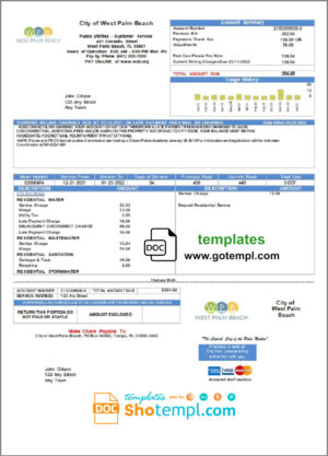 USA Florida City of West Palm Beach utility bill template in Word and PDF format