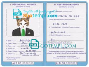 Albania cat (animal, pet) passport PSD template, completely editable