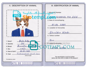 Antigua and Barbuda cat (animal, pet) passport PSD template, fully editable