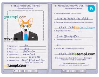 Austria dog (animal, pet) passport PSD template, fully editable Austria dog (animal, pet) passport PSD template, fully editable
