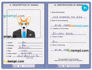 Bahamas dog (animal, pet) passport PSD template, fully editable