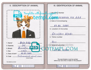 Mexico cat (animal, pet) passport PSD template, completely editable