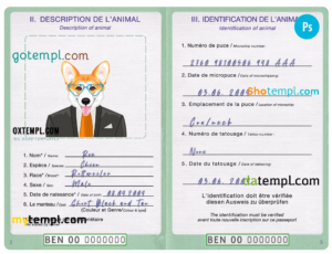 Benin dog (animal, pet) passport PSD template, completely editable