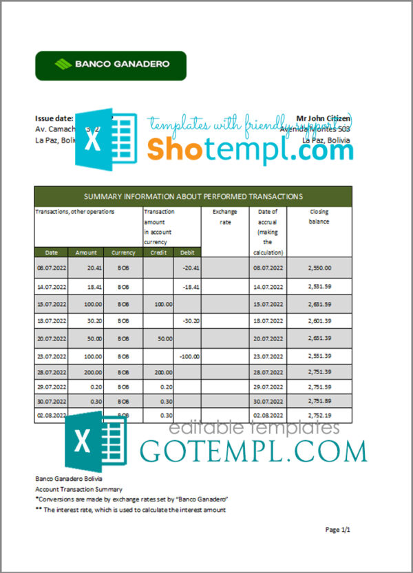 Bolivia Banco Ganadero bank statement template in Excel and PDF format
