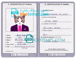 Botswana cat (animal, pet) passport PSD template, fully editable