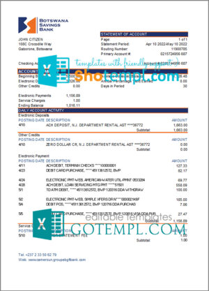 Botswana Savings bank statement template in Excel and PDF format