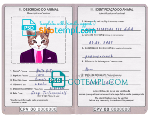 Cabo Verde cat (animal, pet) passport PSD template, fully editable