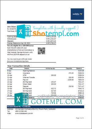 Cambodia ACLEDA bank statement Excel and PDF template (AutoSum)