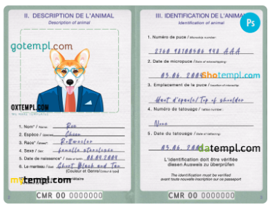Cameroon dog (animal, pet) passport PSD template, fully editable Cameroon dog (animal, pet) passport PSD template, fully editable