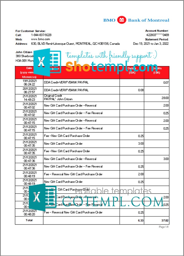 Canada Bank of Montreal bank statement Excel and PDF template (AutoSum) Canada Bank of Montreal bank statement Excel and PDF template (AutoSum)
