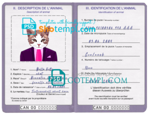 Bangladesh cat (animal, pet) passport PSD template, fully editable