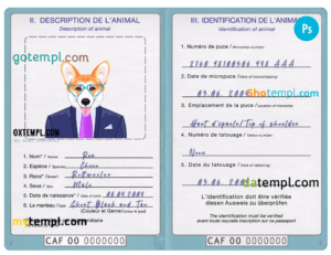 Central African Republic dog (animal, pet) passport PSD template, fully editable