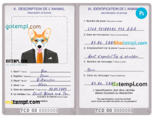 Chad dog (animal, pet) passport PSD template, completely editable