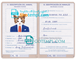 Chile cat (animal, pet) passport PSD template, completely editable