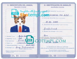 Colombia cat (animal, pet) passport PSD template, completely editable