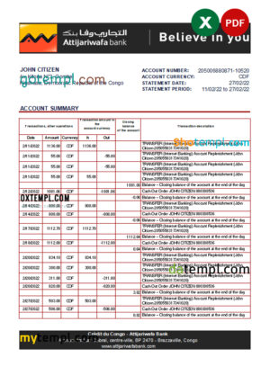 Congo Credit du Congo bank statement Excel and PDF template (AutoSum)