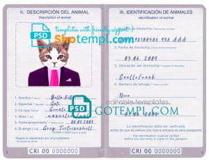 Costa Rica cat (animal, pet) passport PSD template, completely editable