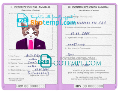 Croatia cat (animal, pet) passport PSD template, fully editable Croatia cat (animal, pet) passport PSD template, fully editable