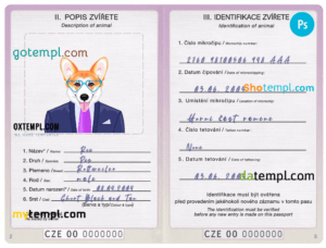 Czech Republic dog (animal, pet) passport PSD template, completely editable
