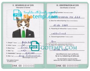 Denmark cat (animal, pet) passport PSD template, completely editable