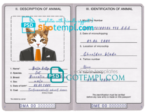 Dominica cat (animal, pet) passport PSD template, completely editable