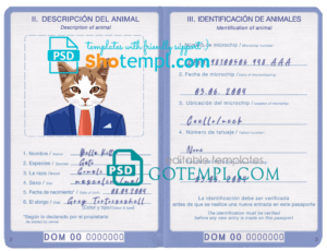 Dominican Republic cat (animal, pet) passport PSD template, fully editable
