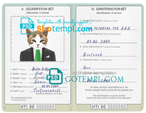 Haiti cat (animal, pet) passport PSD template, completely editable