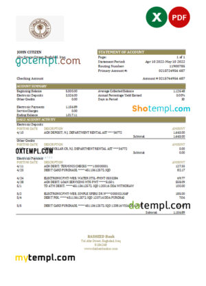 Iraq Rasheed bank statement Excel and PDF template