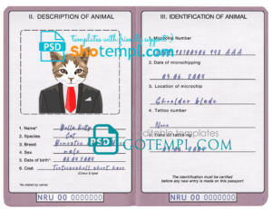 Nauru cat (animal, pet) passport PSD template, fully editable