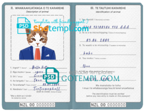 New Zealand cat (animal, pet) passport PSD template, fully editable