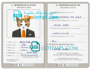 Norway cat (animal, pet) passport PSD template, fully editable
