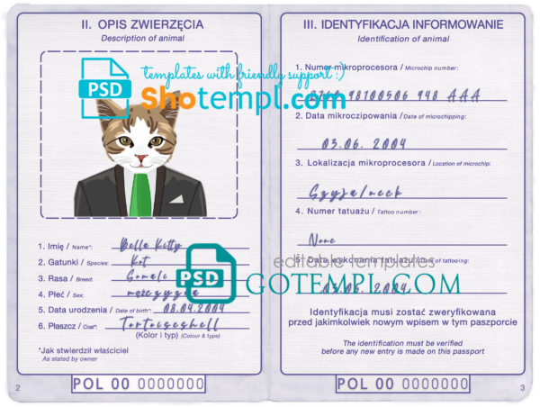 Poland cat (animal, pet) passport PSD template, fully editable