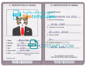 Saint Lucia cat (animal, pet) passport PSD template, completely editable