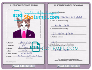 Saint Vincent and the Grenadines cat (animal, pet) passport PSD template, fully editable